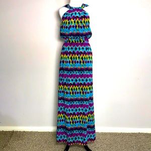 M60 Miss Sixty Women’s Blue & Purple Print Halter Maxi Dress Size 12
